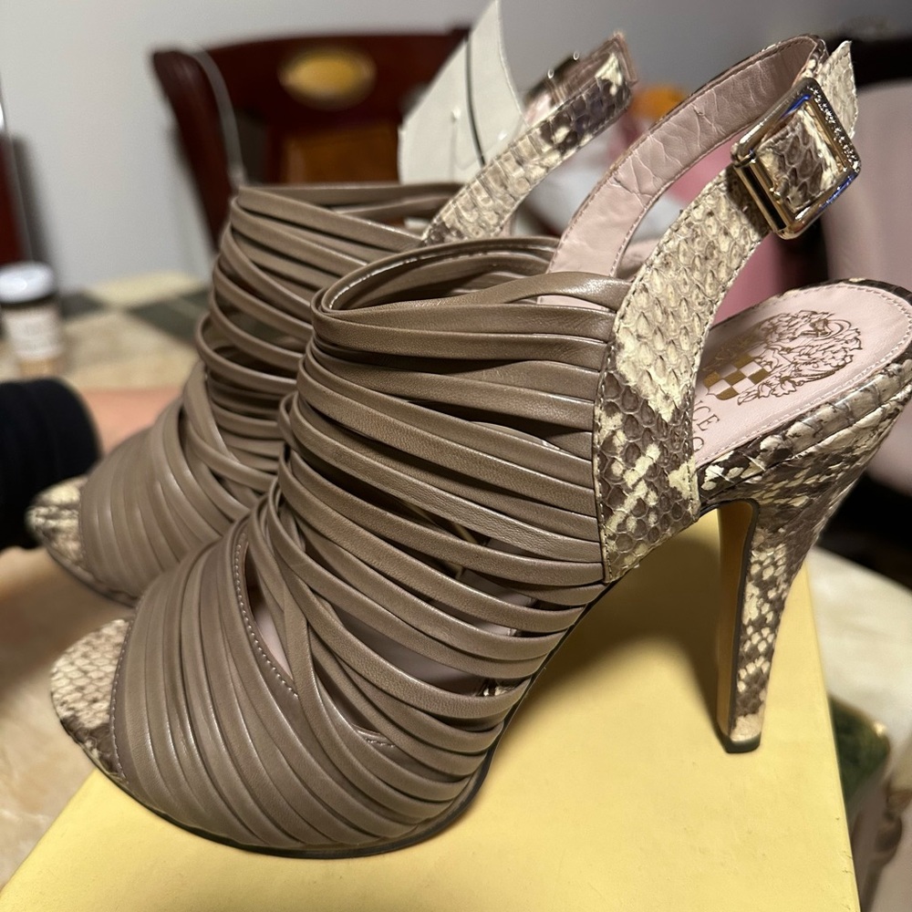 Vince Camuto Taupe and Snakeskin Strappy Heels